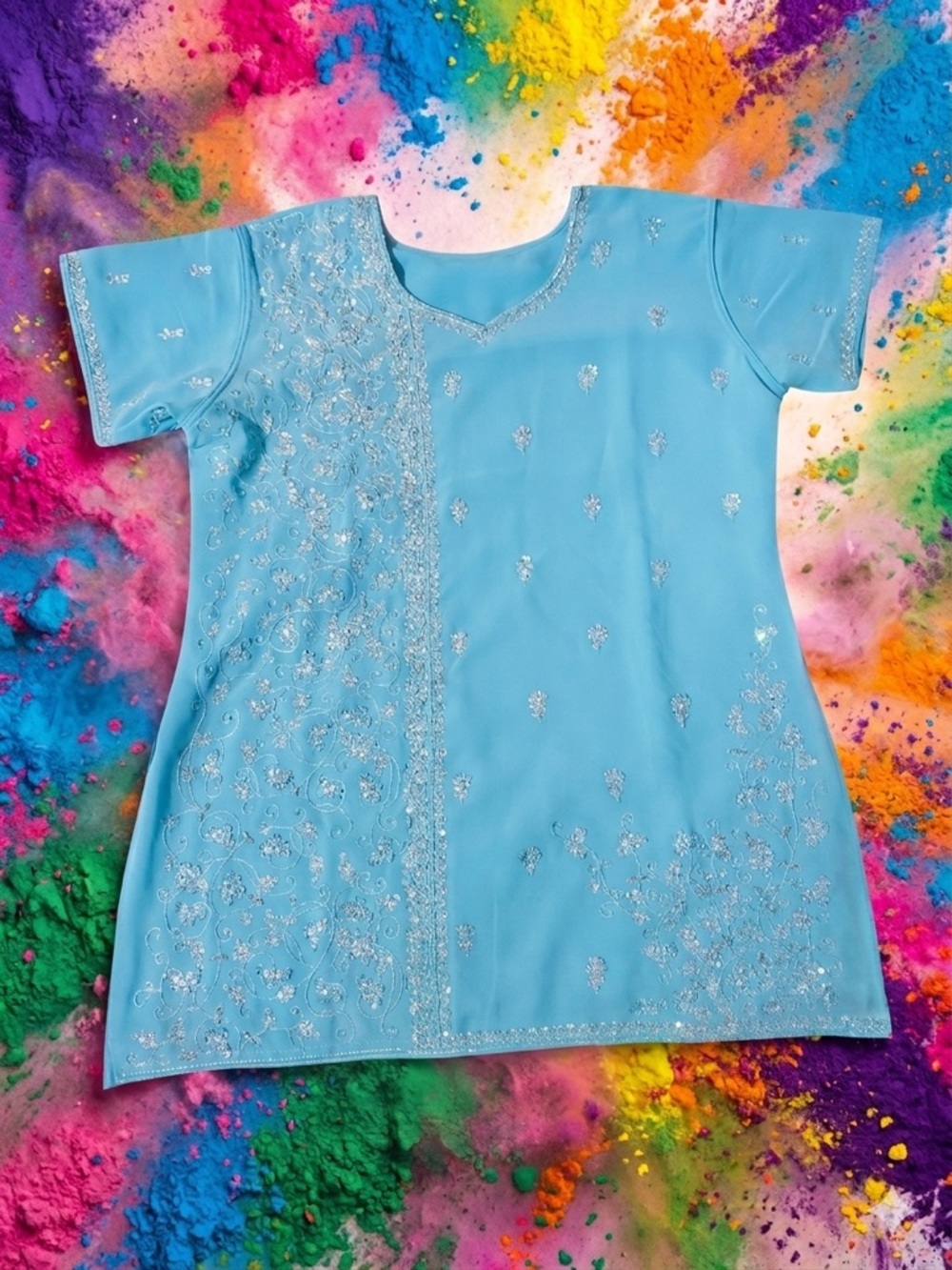 Woman’s Indian Embroidered Light Blue Short-Sleeve Tunic Kurti Shirt
